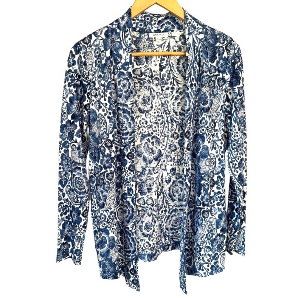 Chico's knit cardigan Blue and White Floral lightweight 100% linen open front